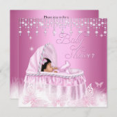 ピンクのかわいらしキラキラ蝶の赤ちゃんシャワーエスニック 招待状 (正面/裏面)