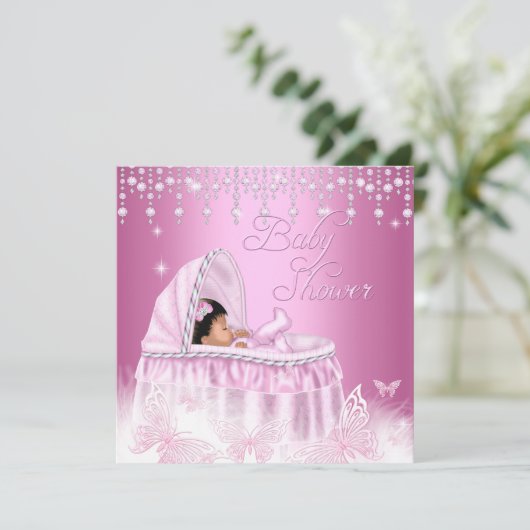 ピンクのかわいらしキラキラ蝶の赤ちゃんシャワーエスニック 招待状 (スタンド正面)