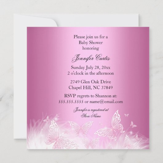 ピンクのかわいらしキラキラ蝶の赤ちゃんシャワーエスニック 招待状 (裏面)