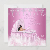 ピンクのかわいらしキラキラ蝶の赤ちゃんシャワーエスニック 招待状 (正面)