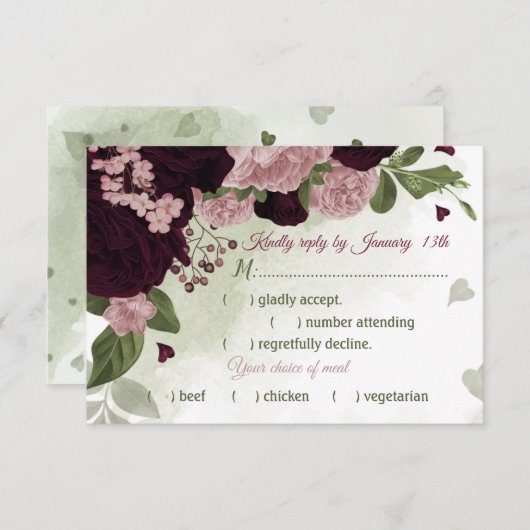 ピンクのかわいらし梅ブルゴーニュの花の緑の食事の選択肢 出欠カード (正面/裏面)