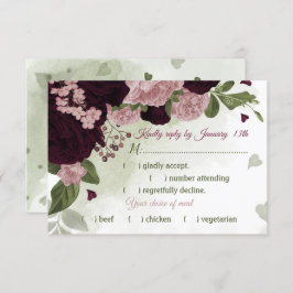 ピンクのかわいらし梅ブルゴーニュの花の緑の食事の選択肢 出欠カード