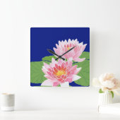 ピンクのかわいらし睡蓮:正方形の壁時計 スクエア壁時計 (ホーム)