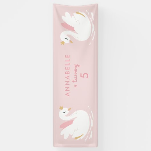 ピンクのかわいガーリーい白鳥の優雅な誕生日パーティーのバナー 横断幕 (縦)
