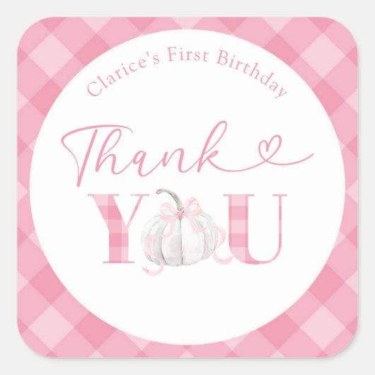 ピンクのきちんとした女の子のカボチャの誕生日ありがとう スクエアシール (正面)
