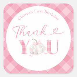 ピンクのきちんとした女の子のカボチャの誕生日ありがとう スクエアシール