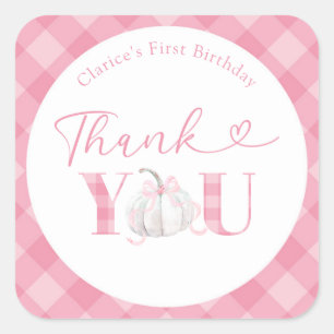 ピンクのきちんとした女の子のカボチャの誕生日ありがとう スクエアシール