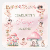 ピンクのきのこの妖精ハウス 誕生日 スクエアシール (正面)