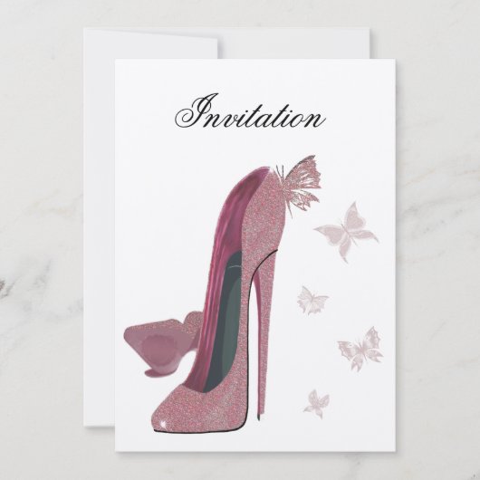ピンクのきらめくスチレットと蝶の招待状 招待状 (正面)