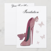 ピンクのきらめくスチレットと蝶の招待状 招待状 (正面/裏面)