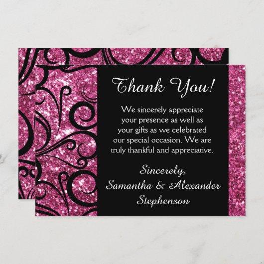 ピンクのきらめく渦巻はメッセージカード感謝していしています サンキューカード (正面/裏面)