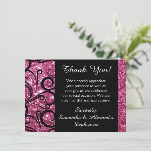 ピンクのきらめく渦巻はメッセージカード感謝していしています サンキューカード (スタンド正面)