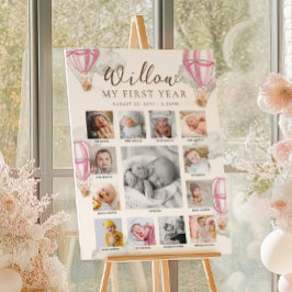 ピンクのくまの1歳の誕生日フォトタイムライン ポスター
