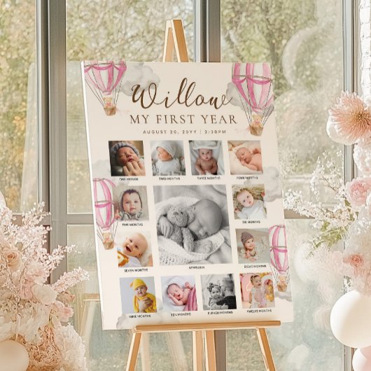 ピンクのくまの1歳の誕生日フォトタイムライン ポスター