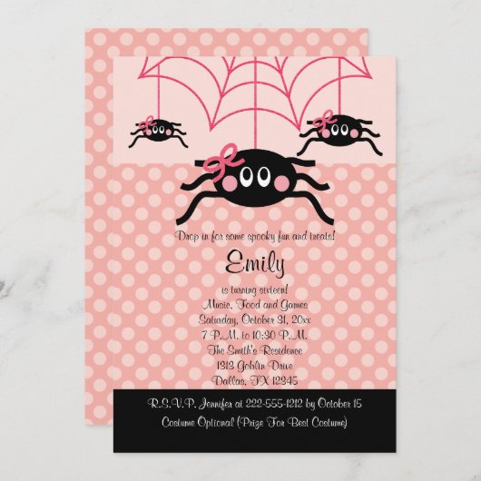 ピンクのくものハロウィンの誕生日の招待状 招待状 (正面/裏面)