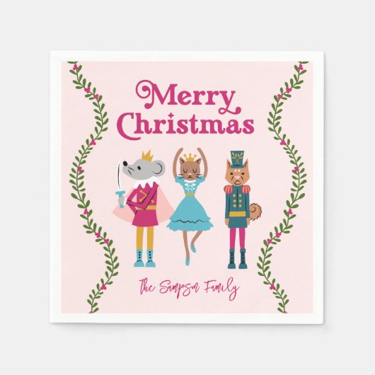 ピンクのくるみ割りバレークリスマス スタンダードカクテルナプキン (正面)