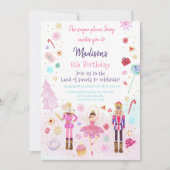 ピンクのくるみ割り人形のお菓子の土地の冬の誕生日 招待状 (正面)