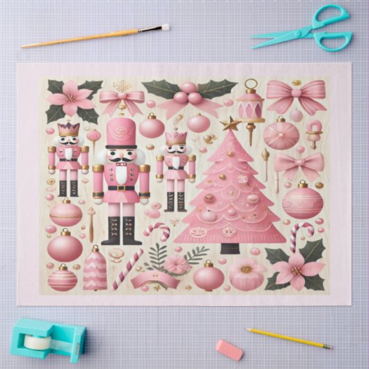 ピンクのくるみ割り人形のクリスマスツリーギフトバッグ 薄葉紙 (クラフト)