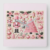ピンクのくるみ割り人形のクリスマスツリー  スクエア壁時計 (正面)