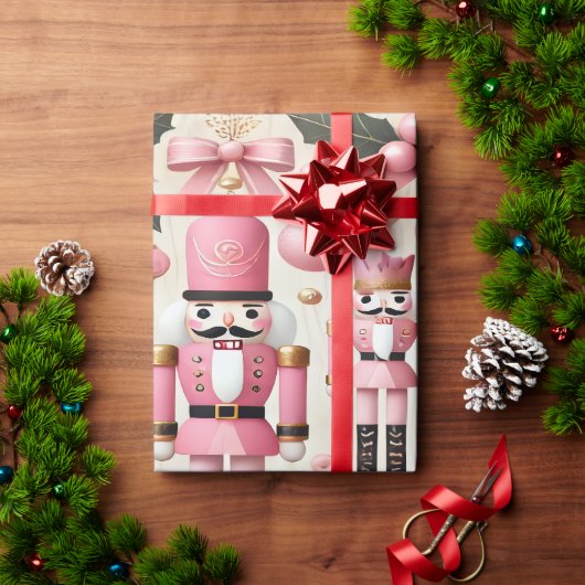 ピンクのくるみ割り人形のクリスマスツリー ラッピングペーパー (クリスマスギフト)