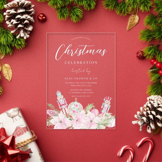 ピンクのくるみ割り人形の花柄 オフィスクリスマスパーティー アクリル招待状 (インサイチュ (クリスマス))