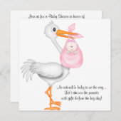 ピンクのこうのとりのベビーシャワーの招待状の女の赤ちゃん 招待状 (正面/裏面)