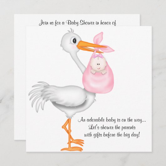 ピンクのこうのとりのベビーシャワーの招待状の女の赤ちゃん 招待状 (正面/裏面)