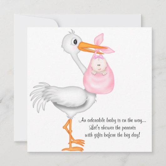 ピンクのこうのとりのベビーシャワーの招待状の女の赤ちゃん 招待状 (正面)