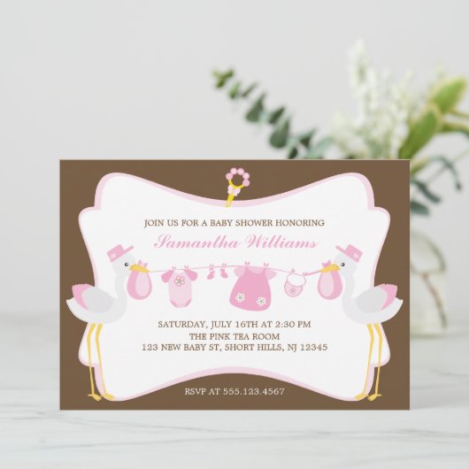 ピンクのこうのとりの速達のベビーシャワー 招待状 (スタンド正面)