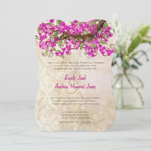 ピンクのさくらんぼお茶の汚れ結婚式の招待 招待状 (スタンド正面)