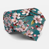ピンクのさくらんぼがティール(緑がかった色)の背景に咲く ネクタイ (ロール)