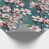 ピンクのさくらんぼがティール(緑がかった色)の背景に咲く ラッピングペーパー (角)