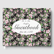 ピンクのさくらんぼがブラックの結婚ゲストブックに咲く