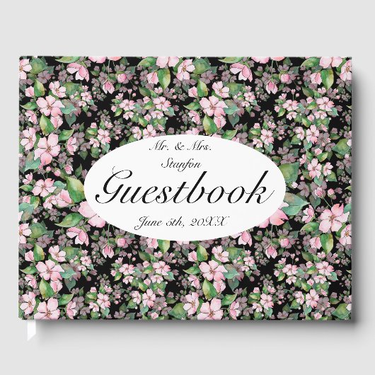 ピンクのさくらんぼがブラックの結婚ゲストブックに咲く ゲストブック (正面)