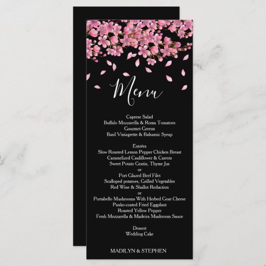 ピンクのさくらんぼがブラックウェディングレセプションで咲く メニュー (正面/裏面)