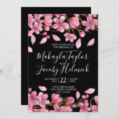 ピンクのさくらんぼがブラック結婚ズに咲く 招待状 (正面/裏面)