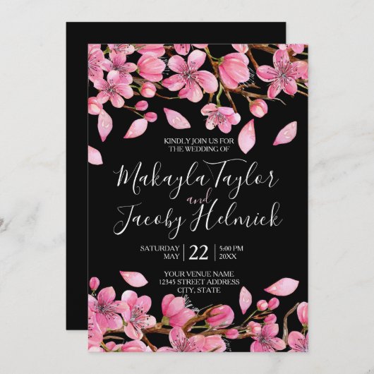 ピンクのさくらんぼがブラック結婚ズに咲く 招待状 (正面/裏面)