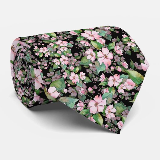 ピンクのさくらんぼが黒いネックタイで咲く ネクタイ (ロール)