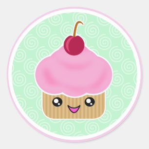 ピンクのさくらんぼのかわいいのカップケーキのステッカー ラウンドシール