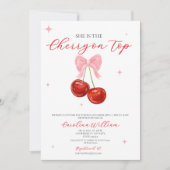 ピンクのさくらんぼの上の弓のベビーシャワー 招待状 (正面)