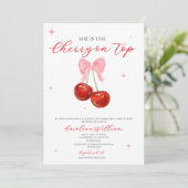 ピンクのさくらんぼの上の弓のベビーシャワー 招待状 (スタンド正面)