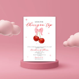 ピンクのさくらんぼの上の弓のベビーシャワー 招待状