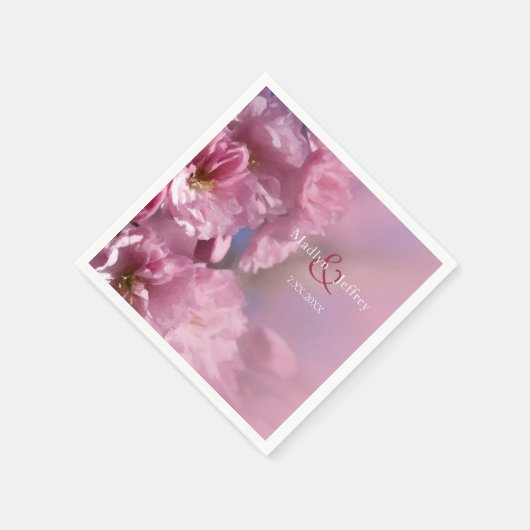ピンクのさくらんぼの木の花の春の結婚式 スタンダードカクテルナプキン (角)