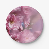 ピンクのさくらんぼの木の花の春の結婚式 ペーパープレート (正面)