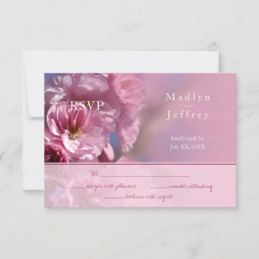 ピンクのさくらんぼの木の花の春の結婚式 出欠カード (正面)