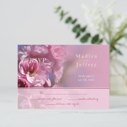 ピンクのさくらんぼの木の花の春の結婚式 出欠カード (スタンド正面)