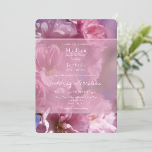 ピンクのさくらんぼの木の花の春の結婚式 招待状 (スタンド正面)