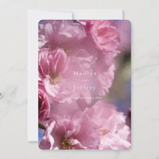 ピンクのさくらんぼの木の花の春の結婚式 招待状 (裏面)