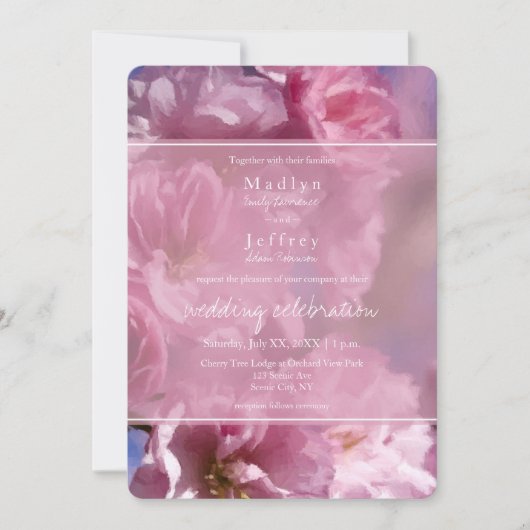 ピンクのさくらんぼの木の花の春の結婚式 招待状 (正面)