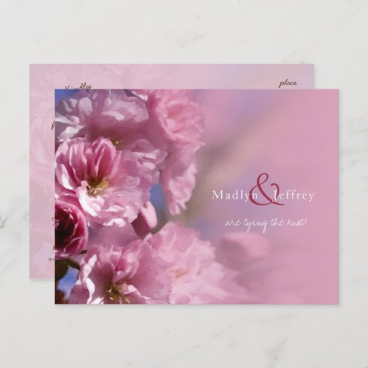 ピンクのさくらんぼの木の花の春の結婚式 案内ポストカード (正面/裏面)